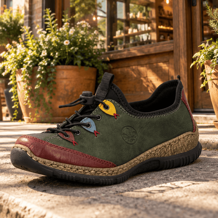 Green lace-up shoe with red-brown sole, yellow/red lace accents and side logo