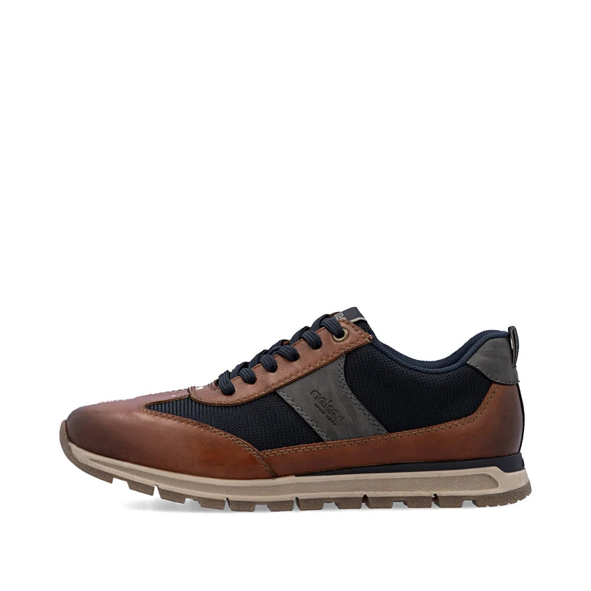 Men's brown leather lace-up trainer with navy panels and rugged rubber sole
