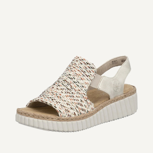 Woven sandal with a white sole on a white background