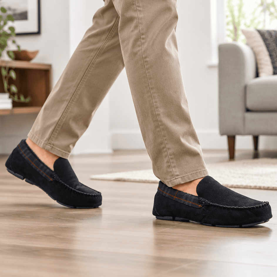 Navy suede moccasin slippers with tartan stripe panel and slip-on moc toe