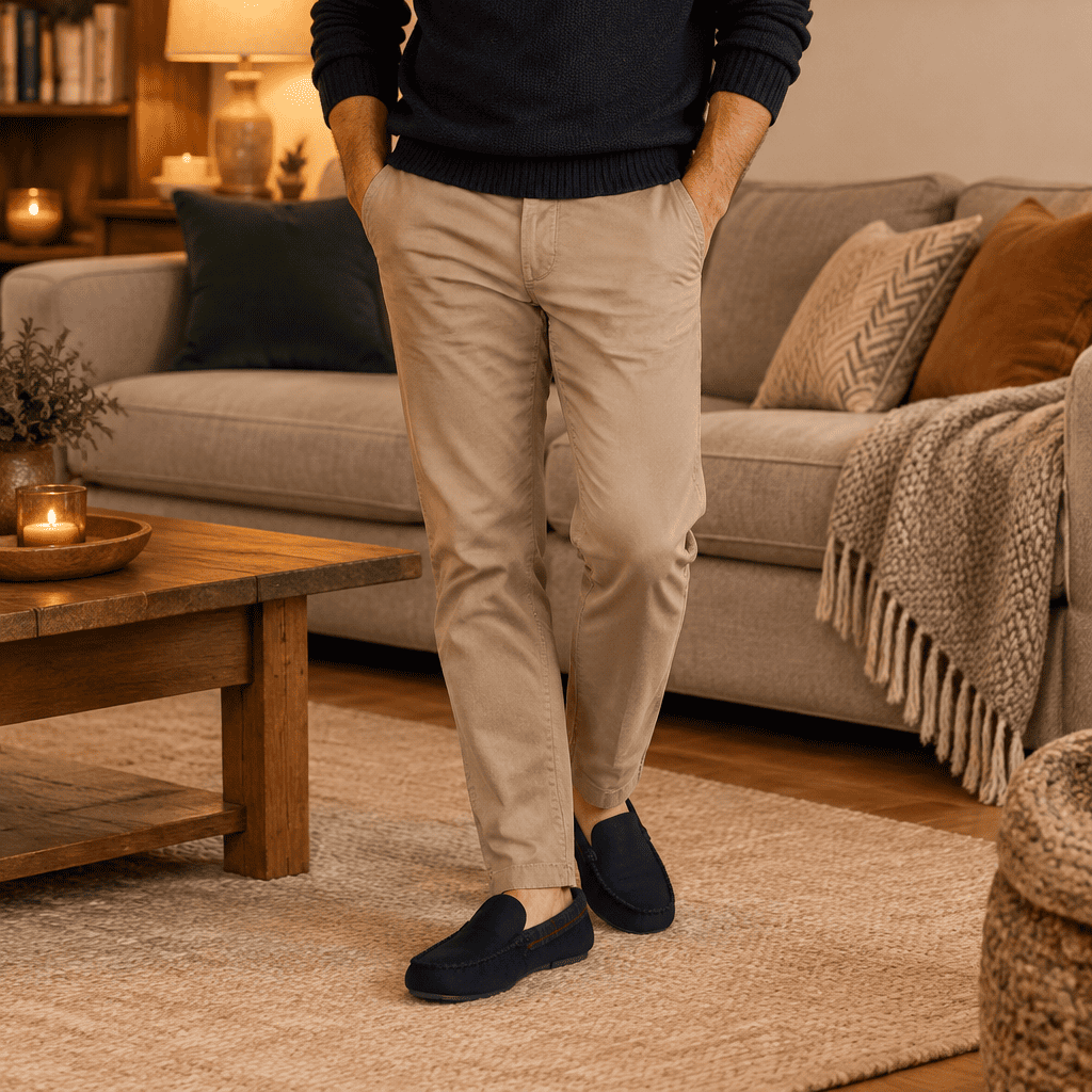 Men's navy suede moccasin slippers with tartan strap detail