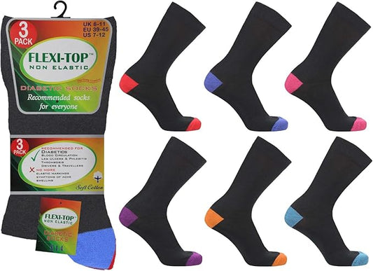 Mens Flexi Top Non Elastic Socks 3 Pack - Black With Coloured Heel &Toes