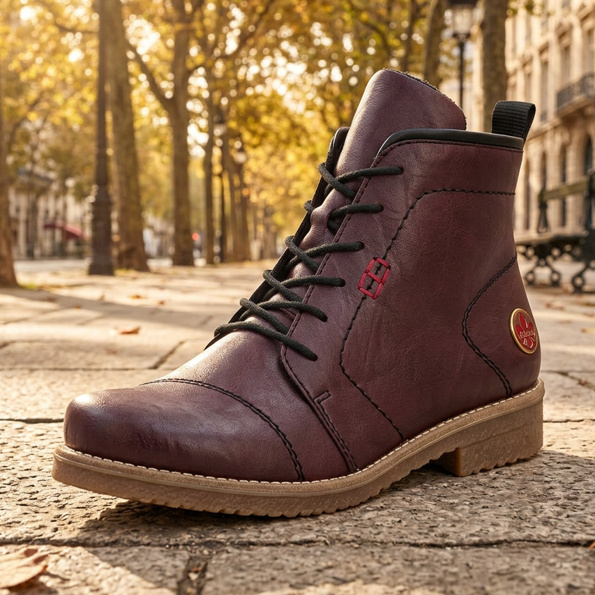 Women's lace-up ankle boot in burgundy leather with lace-up front and side pull tab.