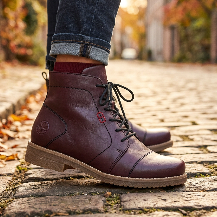 Women's burgundy lace-up ankle boot with black laces and chunky flat rubber sole.