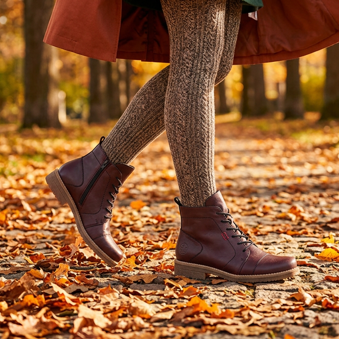 Women's burgundy ankle boot with lace-up front, side zipper, and flat tread sole.