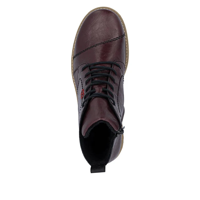 Women's lace-up ankle boot with burgundy leather upper and open ankle collar.