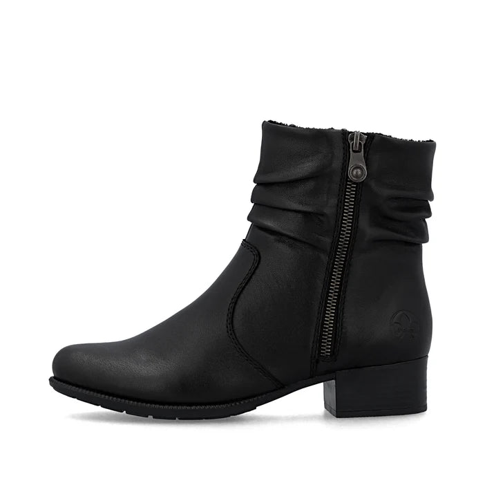 Black women's side-zip ankle boot with ruched collar, stitched panel, block heel