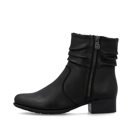 Black women's side-zip ankle boot with ruched collar, stitched panel, block heel