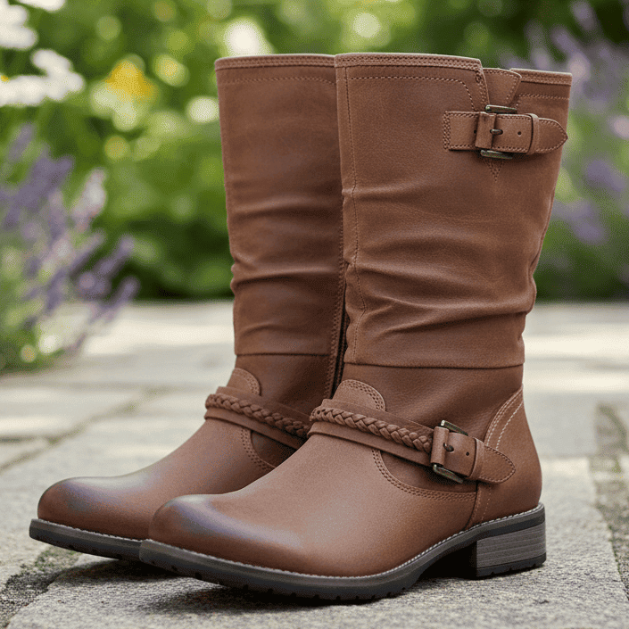 Brown tall boots with side buckle strap, flat tread sole