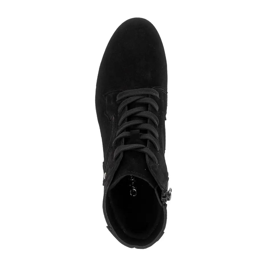 A black suede lace-up ankle boot shown from a top-down view on a solid white background.