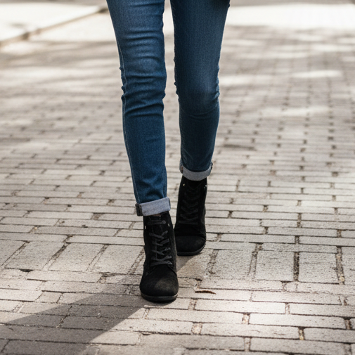 A person walking on a city street wearing blue skinny jeans, a cream knit sweater, an olive green jacket, and black lace-up ankle boots, while carrying a brown shoulder bag and a coffee cup. A red streetcar is visible in the background.