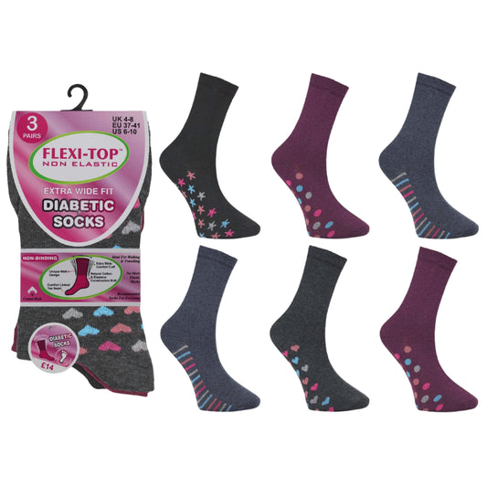 Assorted pack of women's diabetic socks in dark gray and maroon with dot and star patterns