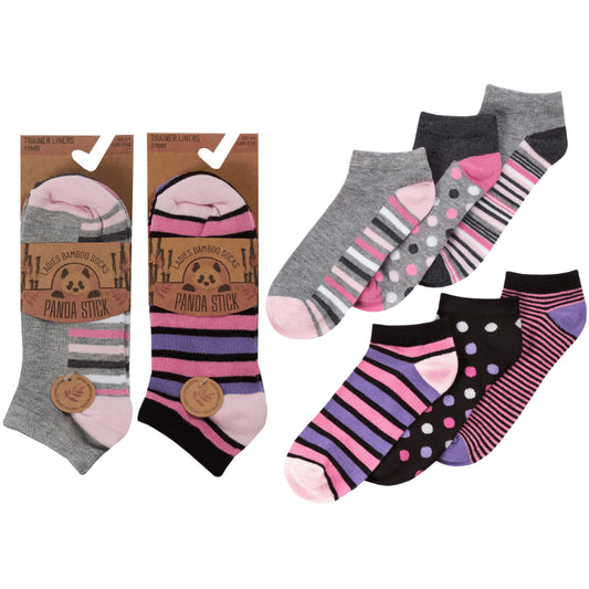 Women's trainer socks, 3-pack: grey/pink stripes, black/pink dots, pink stripes
