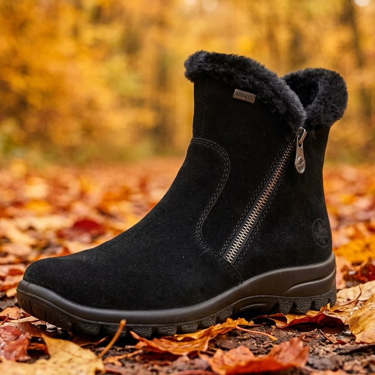 Black winter zip boot with faux-fur lining and textured rubber outsole