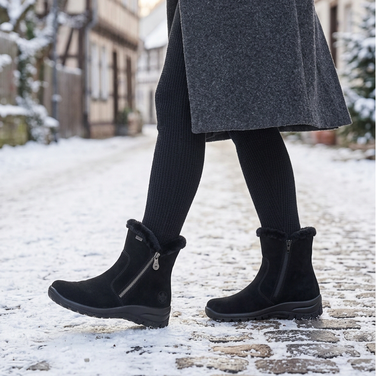 Black women’s winter boots with side zippers and faux-fur cuffs