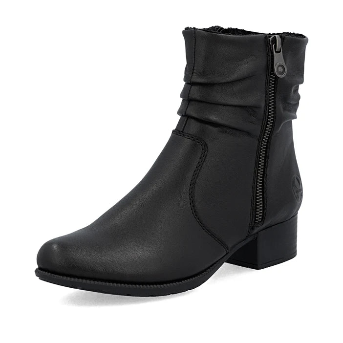 Black women's side-zip ankle boot with padded collar and low block heel