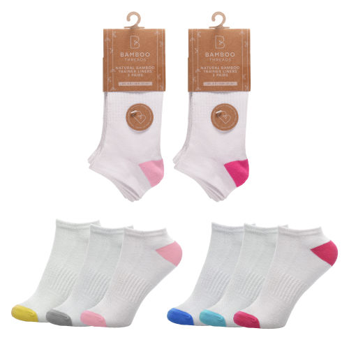 Ladies Bamboo Trainer Socks With Support 3 Pack - White with coloured heels & toes