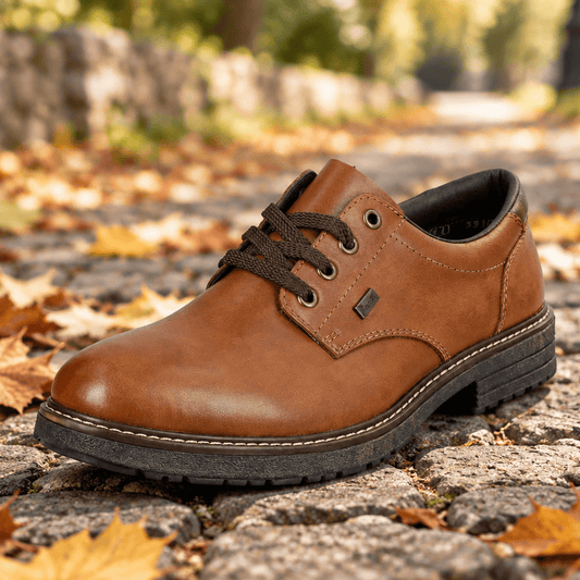 Men's brown leather lace-up shoe with padded collar and dark laces