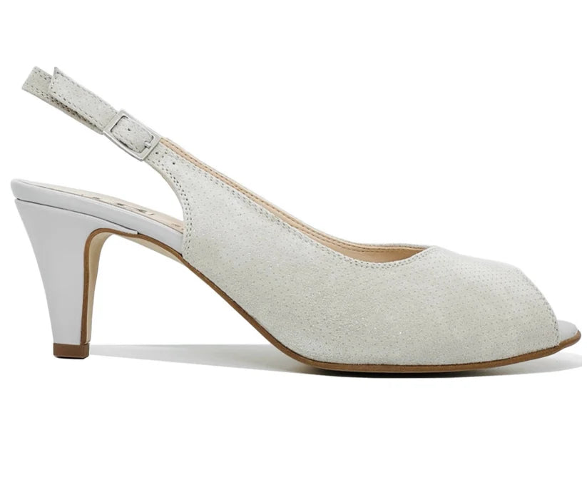 Women's light gray open-toe slingback sandal, mid block heel, ankle strap buckle