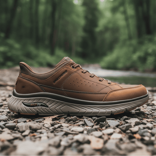 Brown lace-up trainers with Arch Fit logo and textured rubber sole