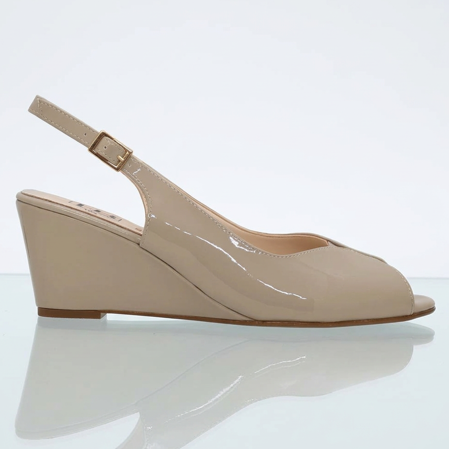 Beige patent wedge sandal with peep toe and ankle strap, side view