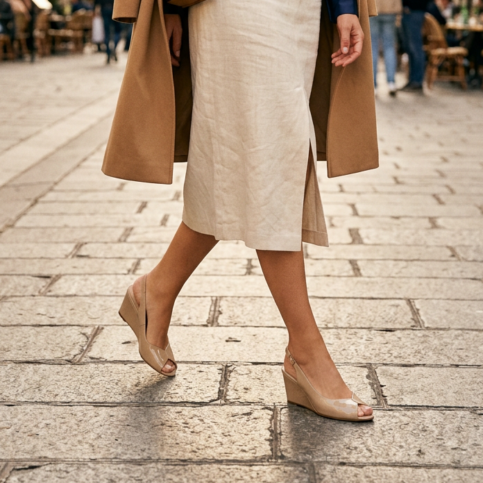 Beige patent wedge sandals on legs with open toe and ankle strap