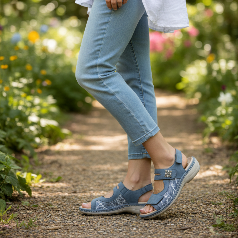 Person wearing light blue jeans and blue sandals walking on a garden path.