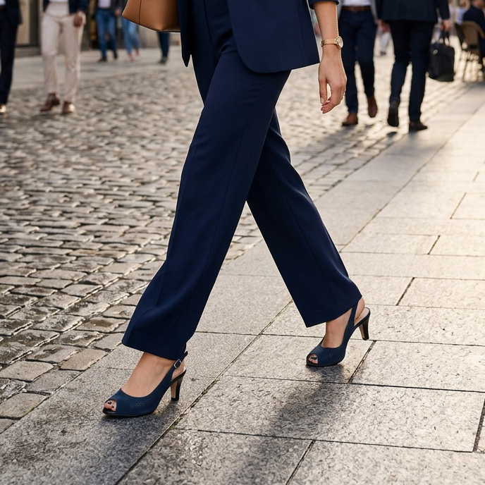 Navy open-toe mid-heel slingback sandals worn with dark trousers
