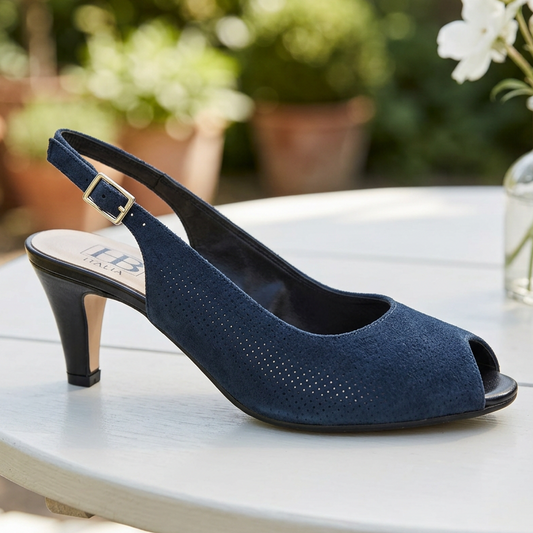 Navy slingback peep-toe sandal with perforated upper and mid heel, buckle strap