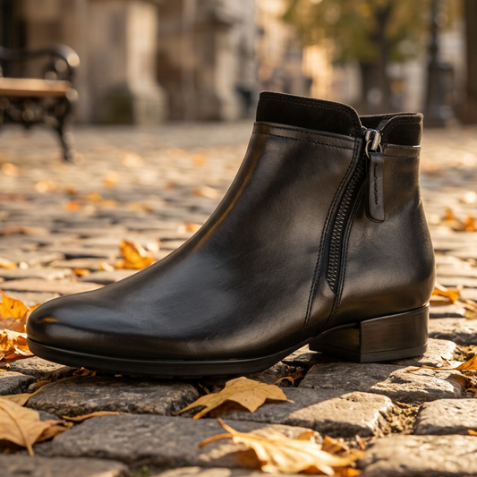 Women's black leather ankle boots with side zipper and block heel, worn