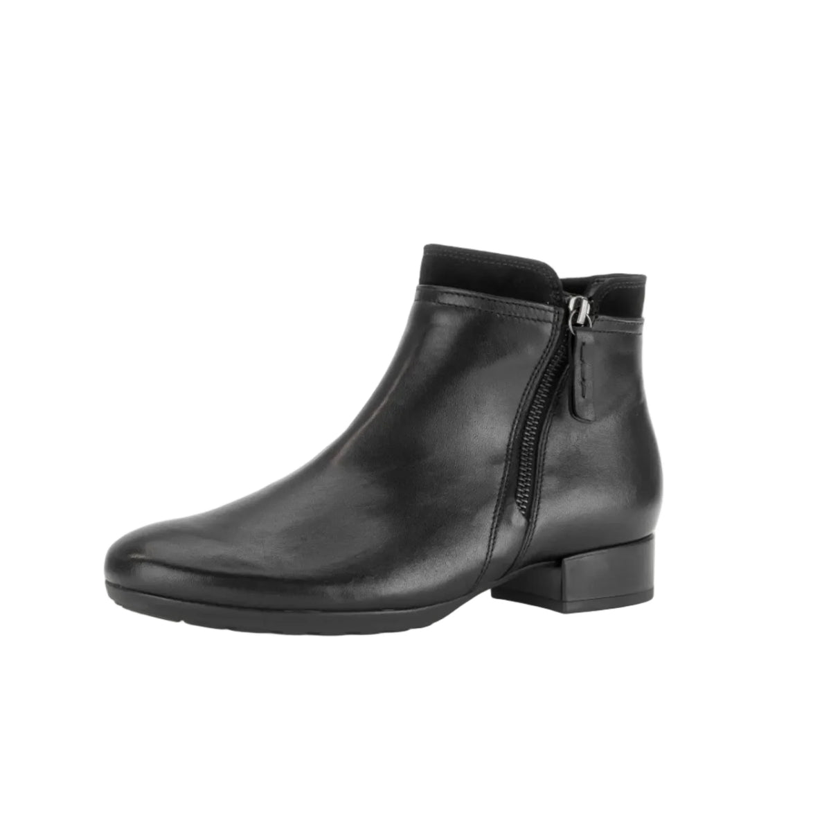 Women's black leather ankle boots with side zipper and low block heel
