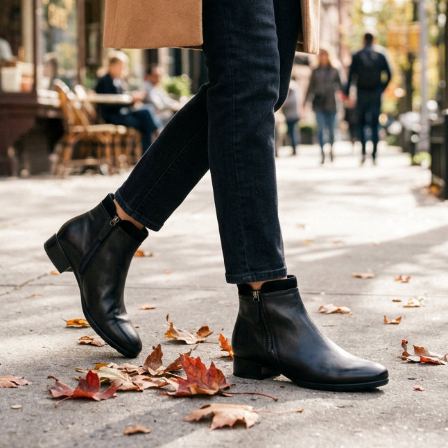 Women's black leather ankle boots with side zipper and block heel, worn