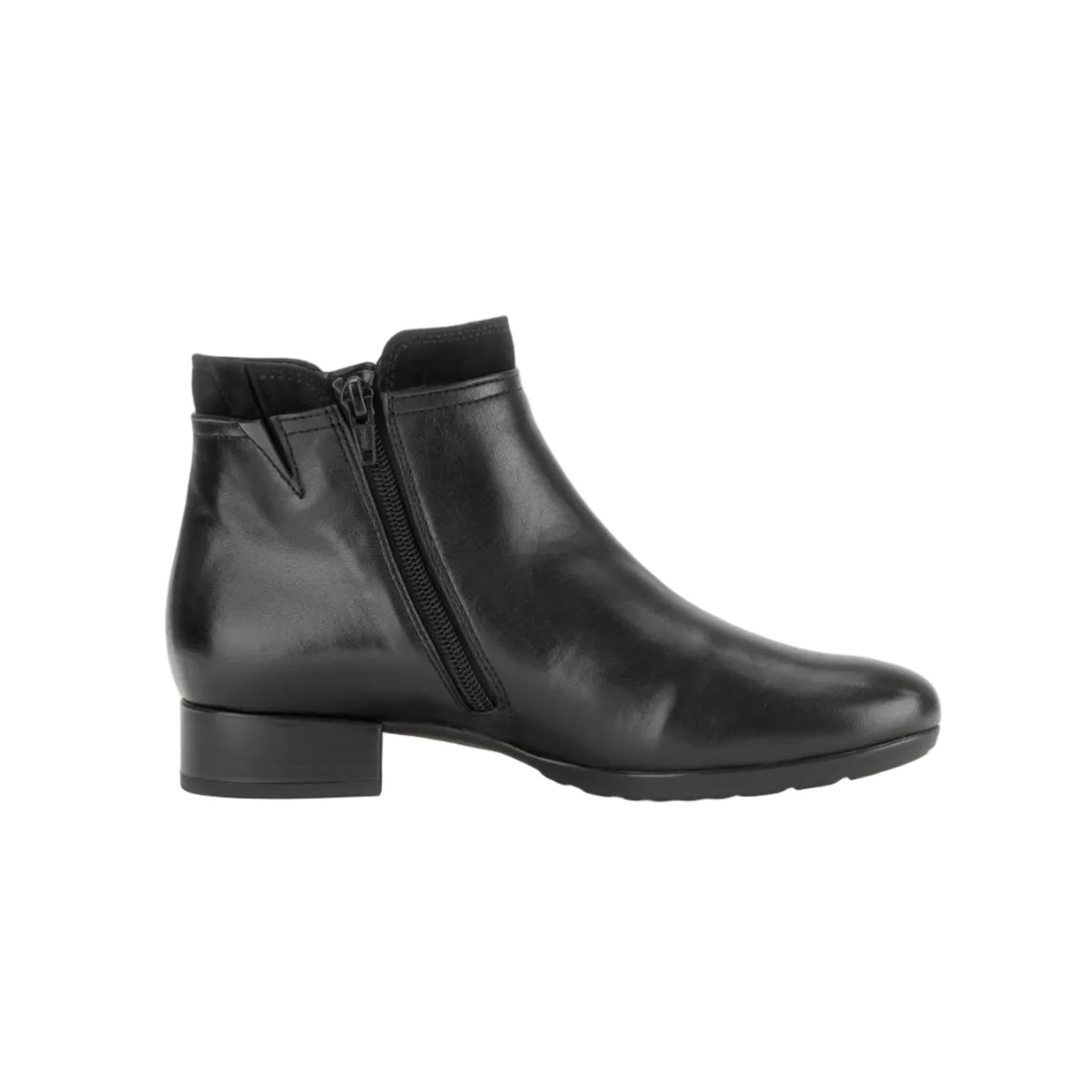 Women's black leather ankle boots with side zipper and block heel
