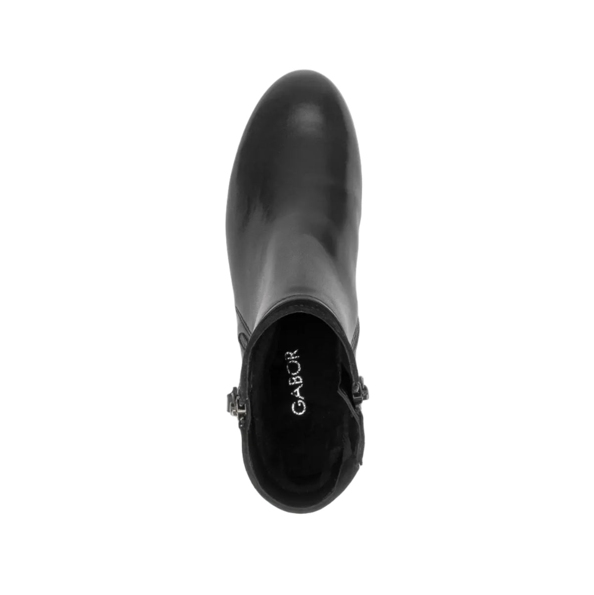 Women's black leather ankle boots with side zipper; logo detail on tongue