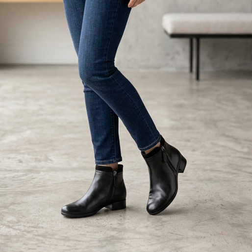 Women's black leather ankle boots with side zipper and block heel, worn