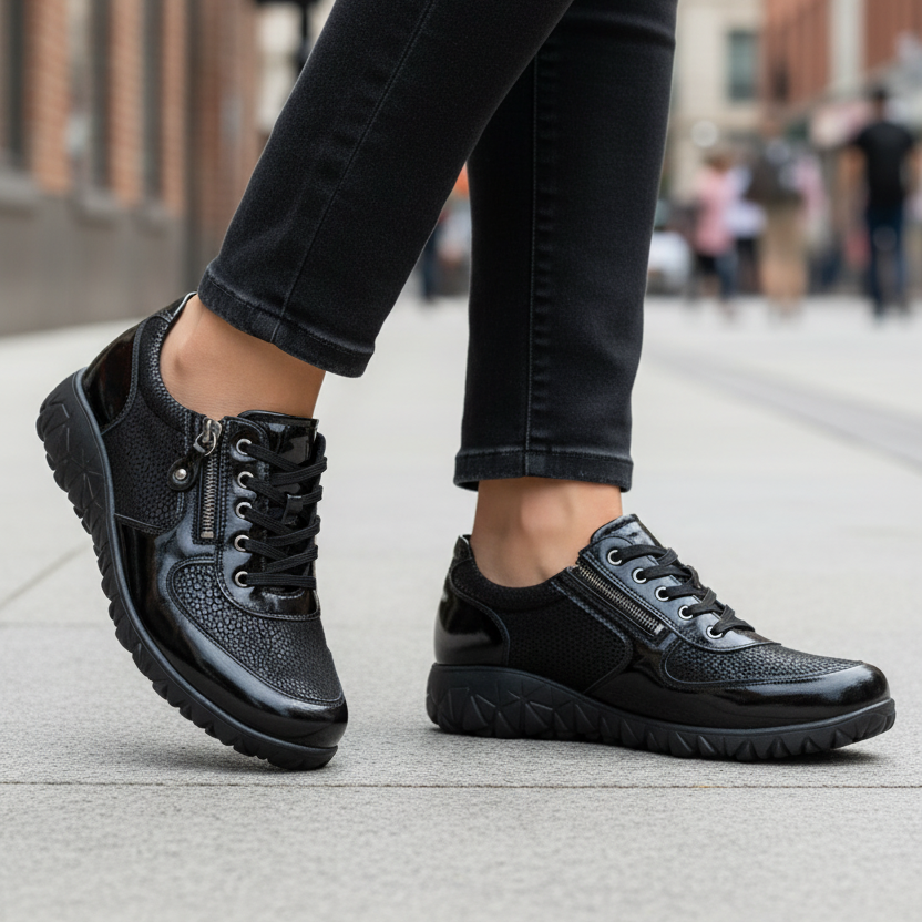 A black leather low-top sneaker with a textured side panel, glossy toe cap, black laces, a side zipper, and a chunky treaded sole, photographed outdoors on a light stone surface.