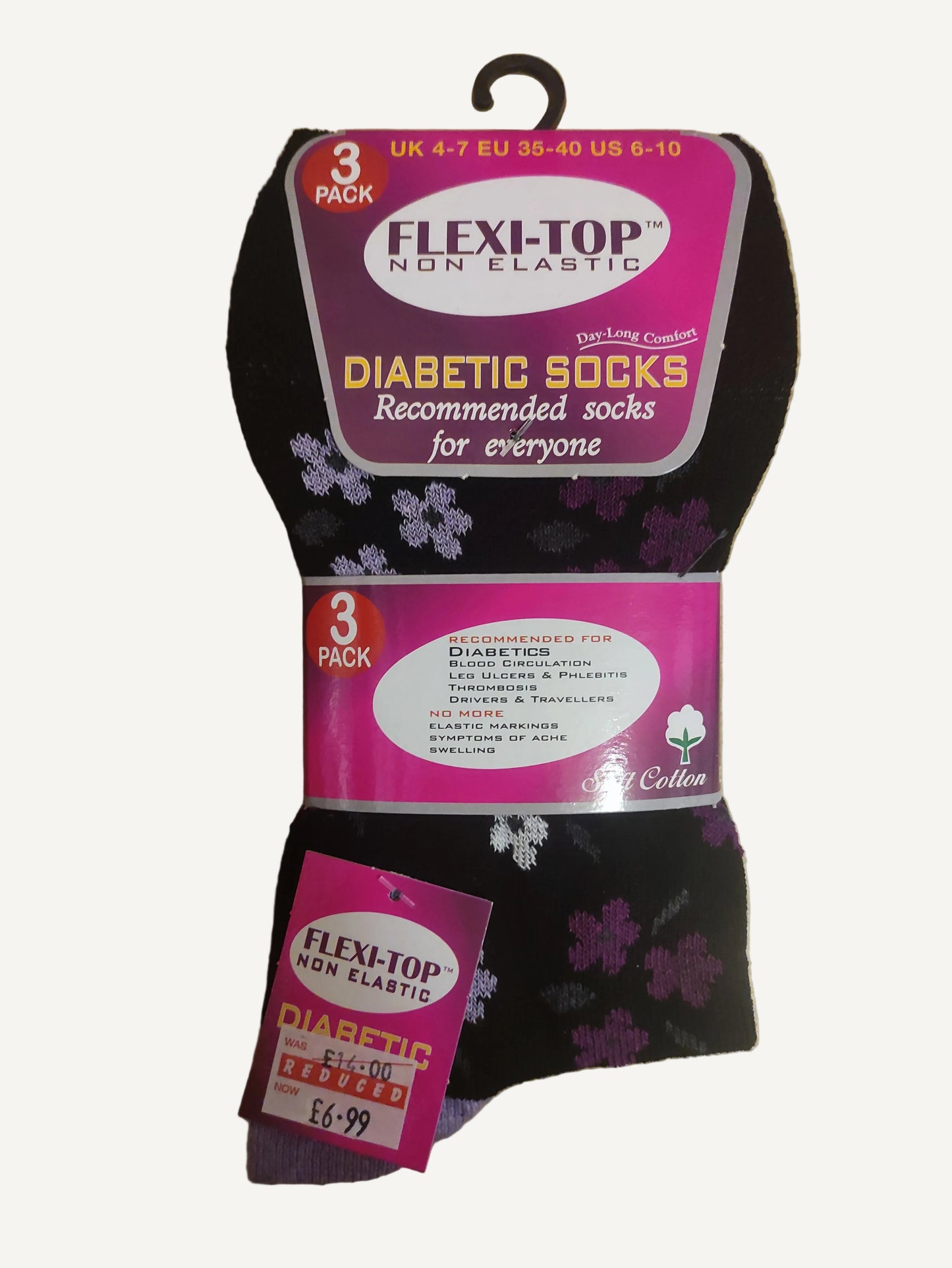 Ladies Flexi-Top Non Elastic Socks 3 Pack - Black Floral with Coloured Heel & Toe