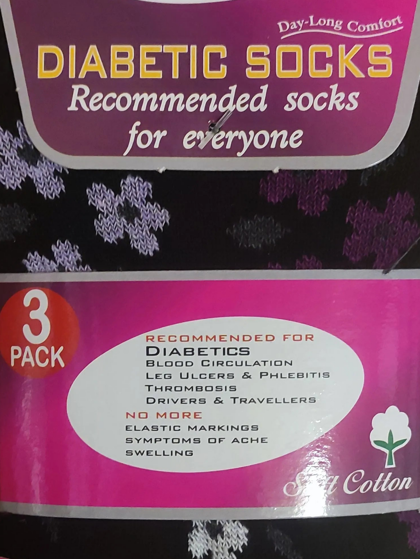 Ladies Flexi-Top Non Elastic Socks 3 Pack - Black Floral with Coloured Heel & Toe