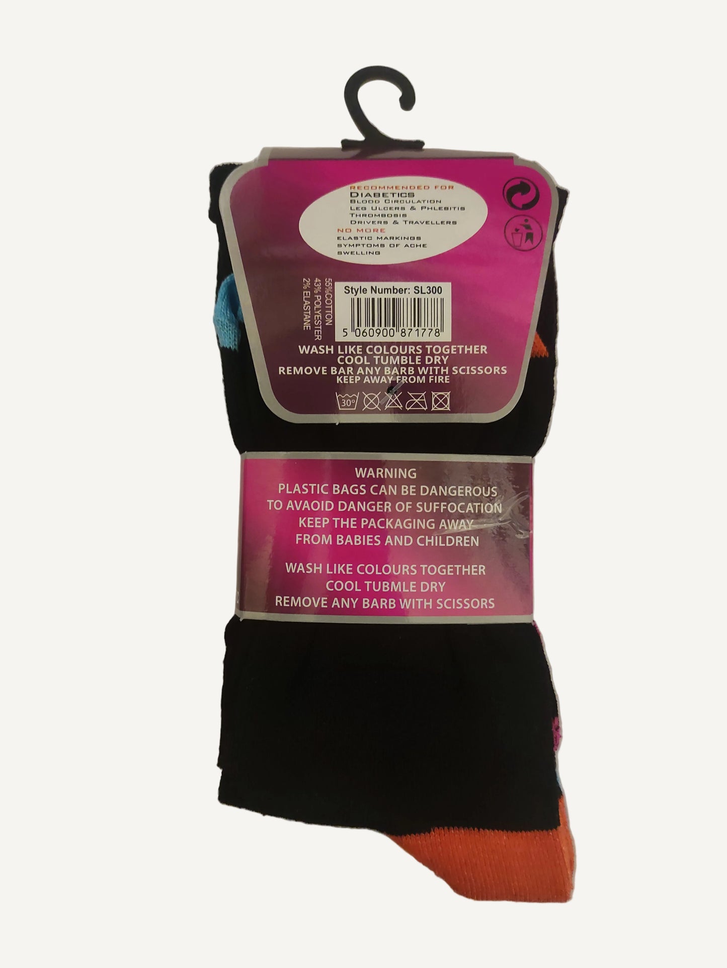 Black and orange wristband with pink label on a white box
