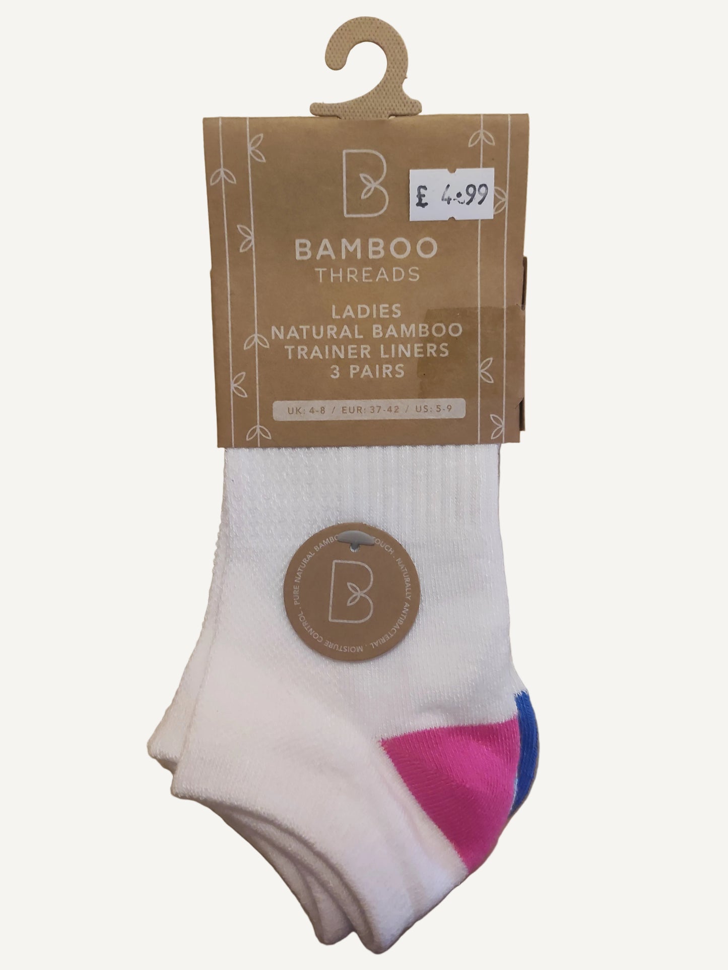 Ladies Bamboo Trainer Socks With Support 3 Pack - White with coloured heels & toes