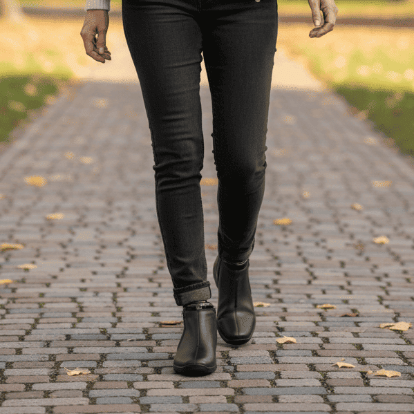 Women's brown short boots with low heel, rounded toe, slip-on style