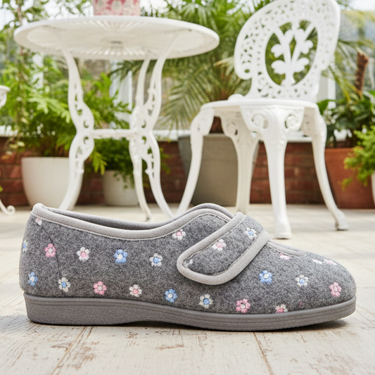 Sleepers LS182F – Grey – Floral Embroidered Touch Fastening Slipper