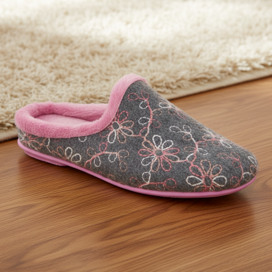 Gray slipper with pink interior and floral pattern on a white background