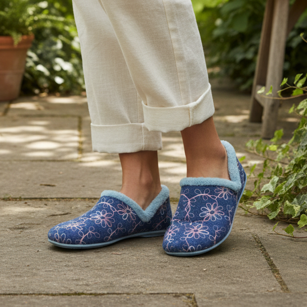 Blue floral slippers worn with rolled light pants; soft light-blue trim