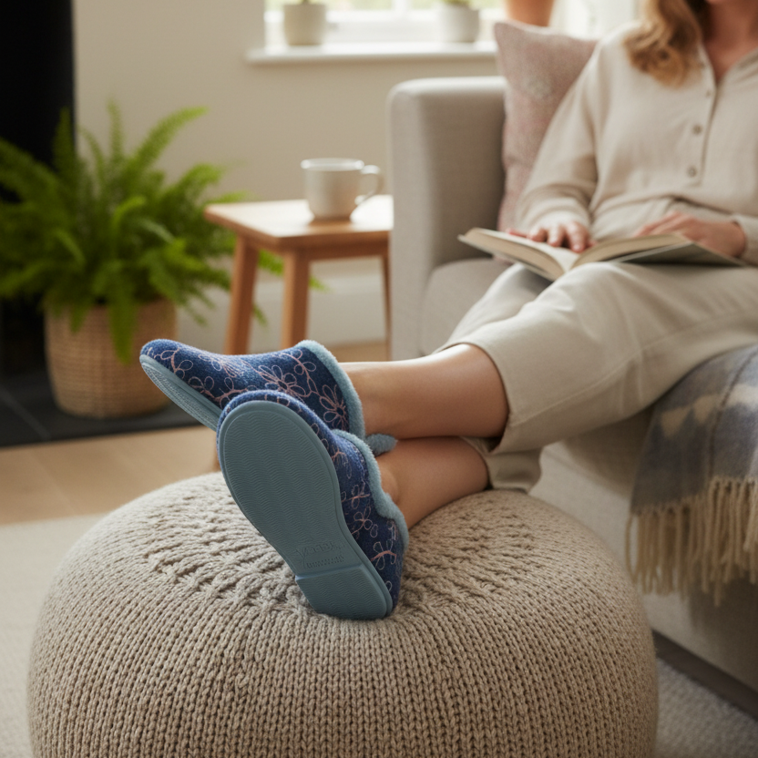 Floral blue slip-on slippers on person relaxing; light-blue sole visible