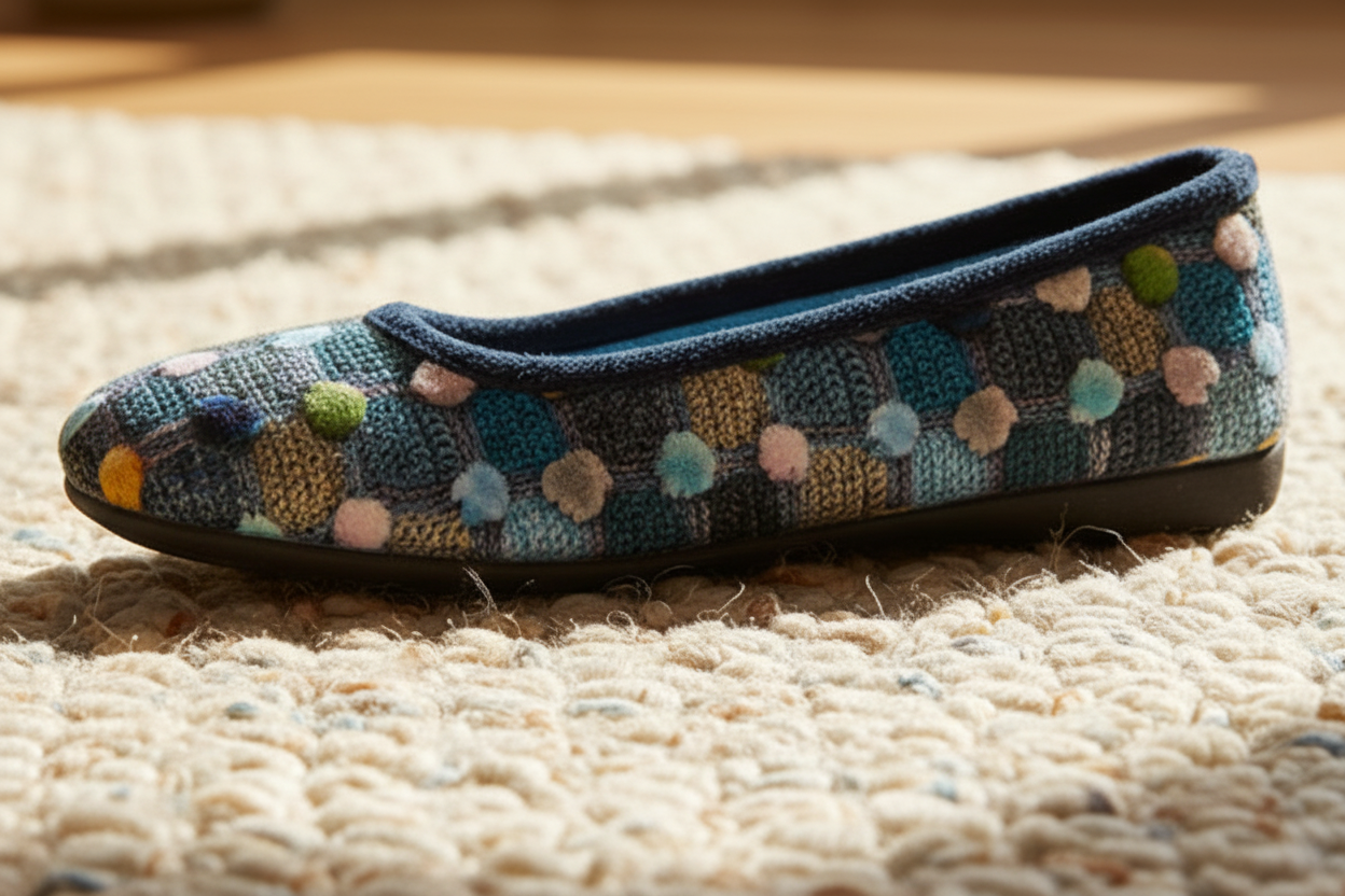 Knitted slipper with colorful pattern on a textured surface