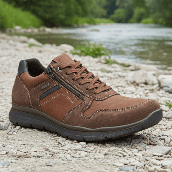 Brown lace-up men's casual shoe with navy side panel and textured rubber sole
