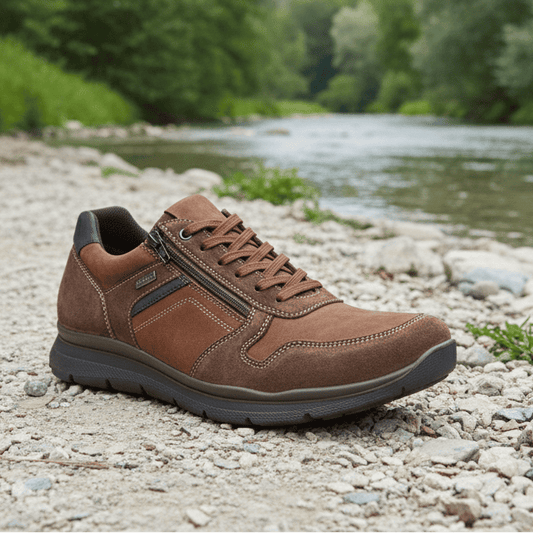 Brown lace-up men's casual shoe with navy side panel and textured rubber sole