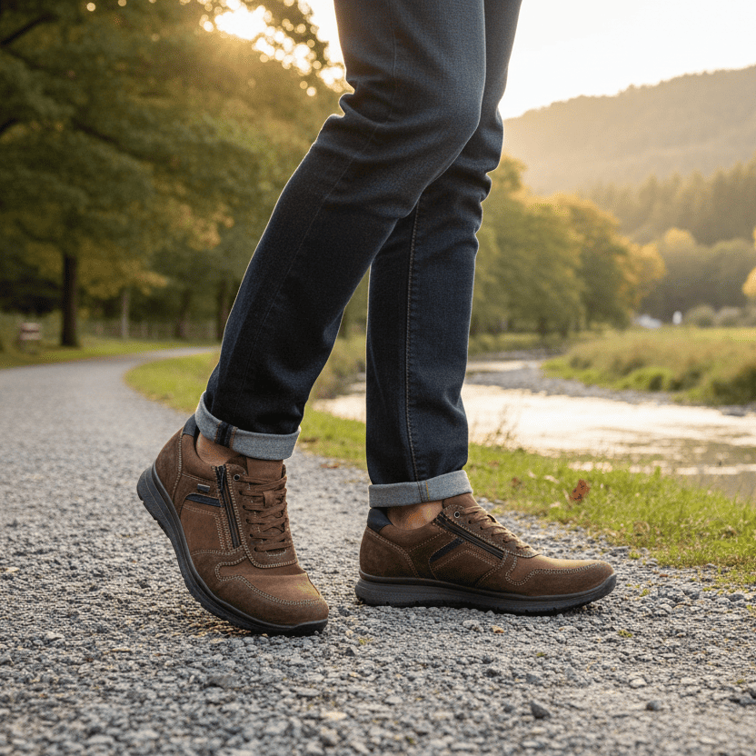 Brown lace-up men's casual shoe with rubber outsole and stitched panels