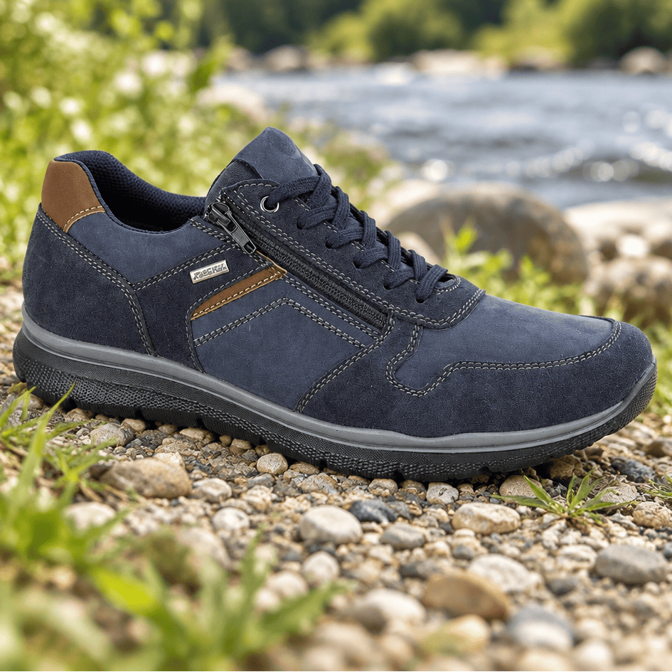 Navy suede lace-up casual shoes with rubber sole and stitched side panel